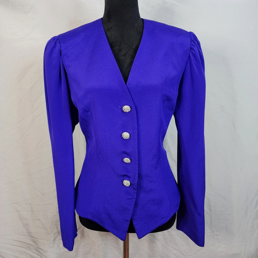 Vintage 80's RIMINI Size 12 Purple 100% Silk Puff Sleeve Jewel Button Blazer EUC - Picture 2 of 12